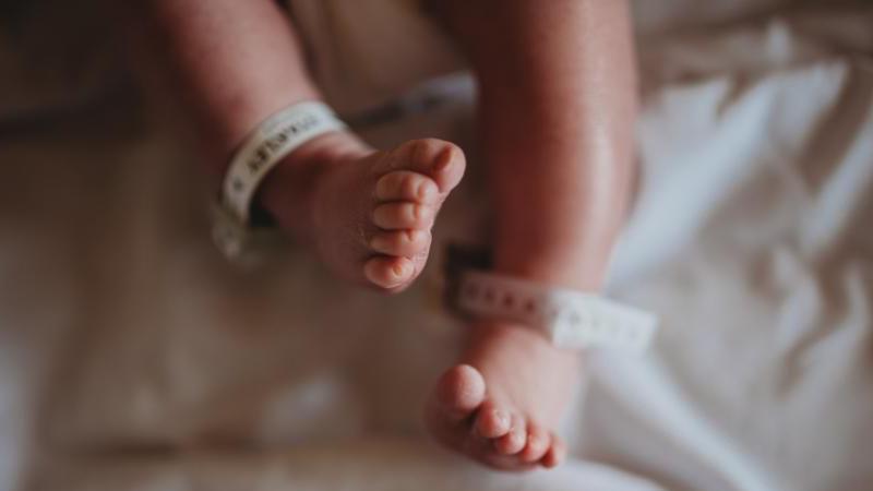 The feet of an unidentifiable newborn baby in a hospital bed. The baby has hospital identification tags on both its ankles - though none of the information is legible.   
