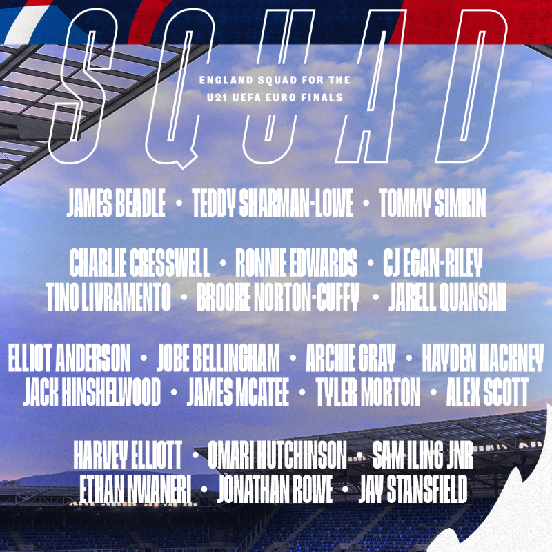 England's squad at the Under-21s Euros

James Beadle
Teddy Sharman-Lowe
Tommy Simkin
Charlie Cresswell
Ronnie Edwards
CJ Egan-Riley
Tino Livramento
Brooke Norton-Cuffy
Jarell Quansah
Elliot Anderson
Jobe Bellingham
Archie Gray
Hayden Hackney
Jack Hinshelwood
James McAtee
Tyler Morton
Alex Scott
Harvey Elliott
Omari Hutchinson
Sam Illing Jr
Ethan Nwaneri
Jonathan Rowe
Jay Stansfield