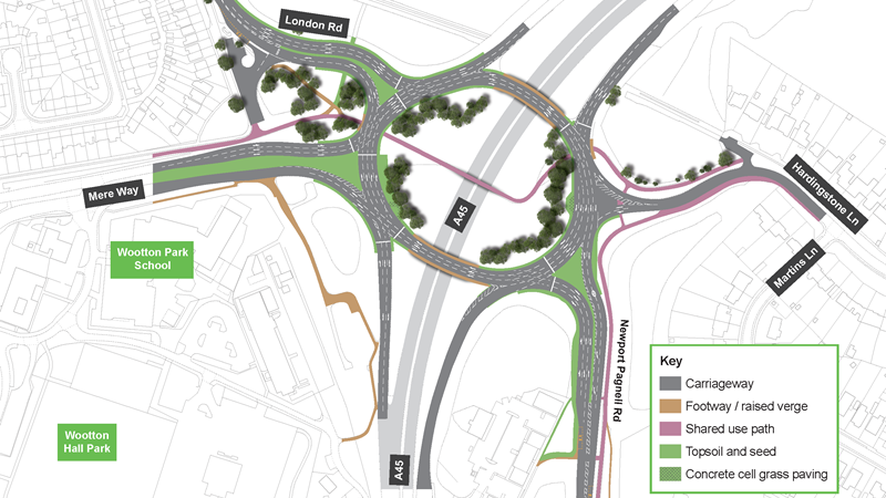A drawn map of the Queen Eleanor Interchange roundabout in Northampton showing the carriageway with a red line showing where the closures are. 