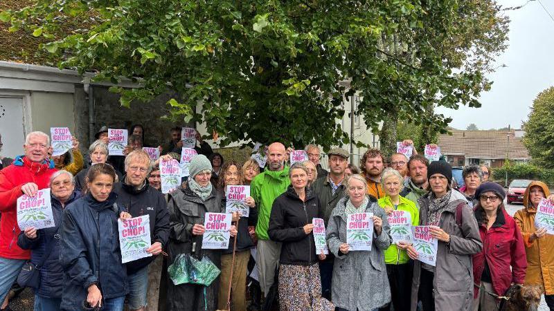 A group of around 30 people are standing in front of a lime tree which has green leaves. They are wearing a range of different coloured rain gear and some are wearing hoods. they all look unhappy and most of them are holding up posters reading Stop the Chop, with a green design which looks like leaves.