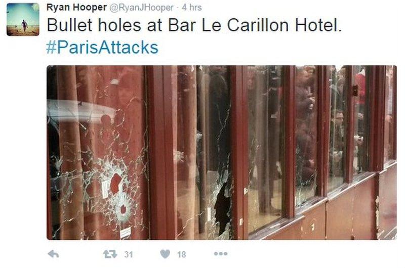 Tweeted pic of Le Carillon bullet holes