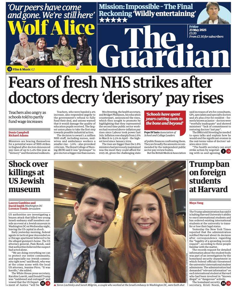 The headline on the front page of the Guardian reads: "Fears of fresh NHS strikes after doctors decry 'derisory' pay rises".
