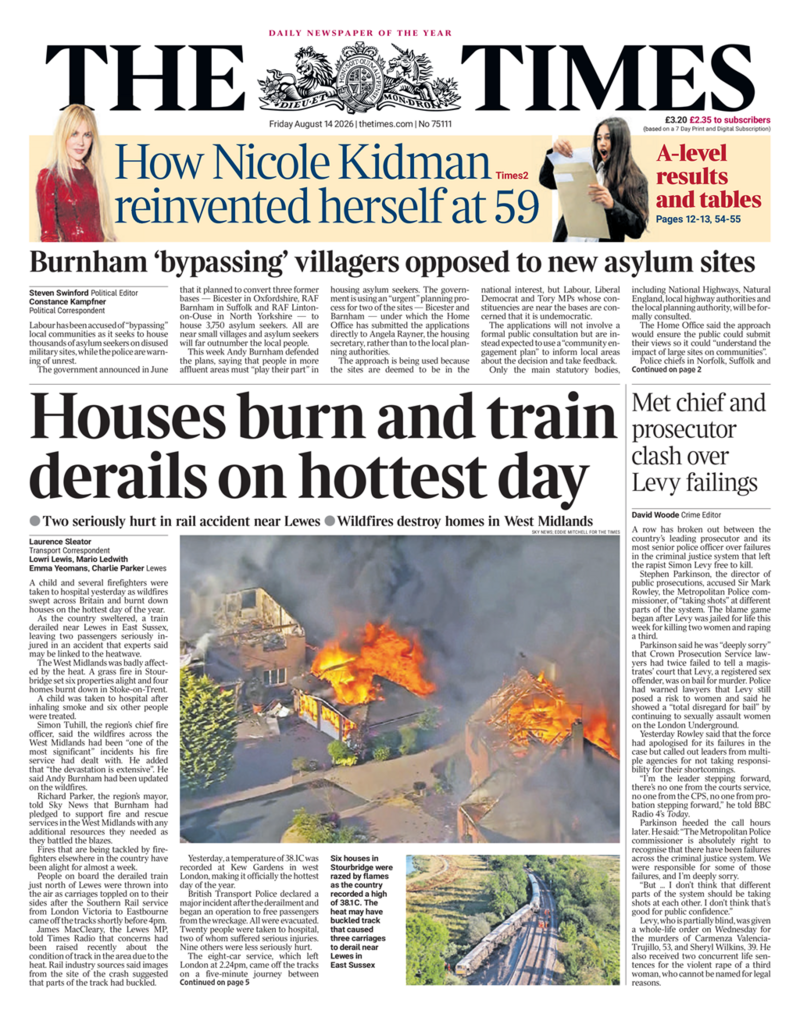 The Papers: 'Houses burn and train derails on hottest day' and 'Britain on fire'