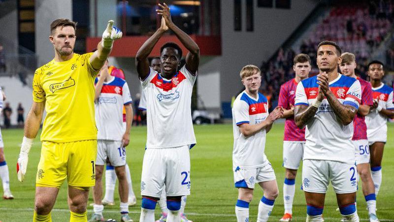 Rangers' Jack Butland, Djeidi Gassama and James Tavernier at full time during a UEFA Champions League Third Round Qualifier, Second Leg, between Viktoria Plzen and Rangers at the Doosan Arena