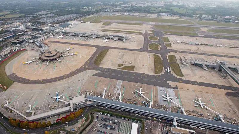An aerial shot of Gatwick's runway and terminal