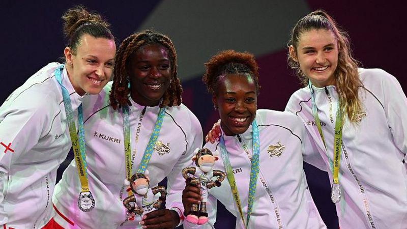 England women 3x3 basketball team collecting their silver medals at the 2022 Commonwealth Games