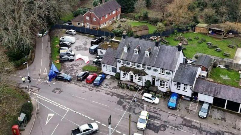 A drone shot of a pub building.