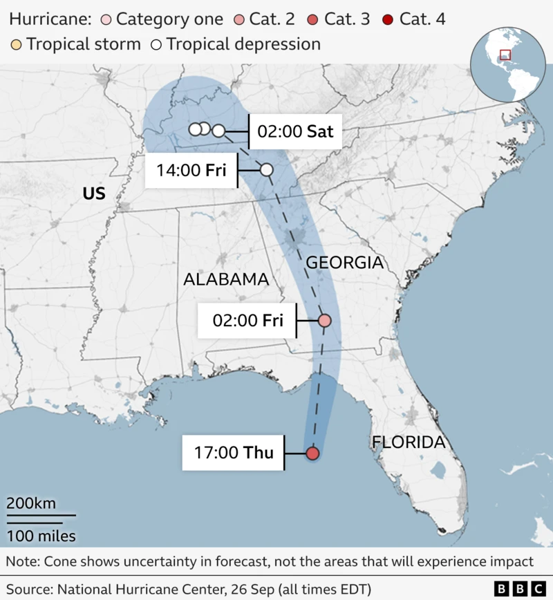 Path of the storm through the southern US, from Thursday, through Georgia in the early hours of Friday, and north to Tennessee by Friday afternoon