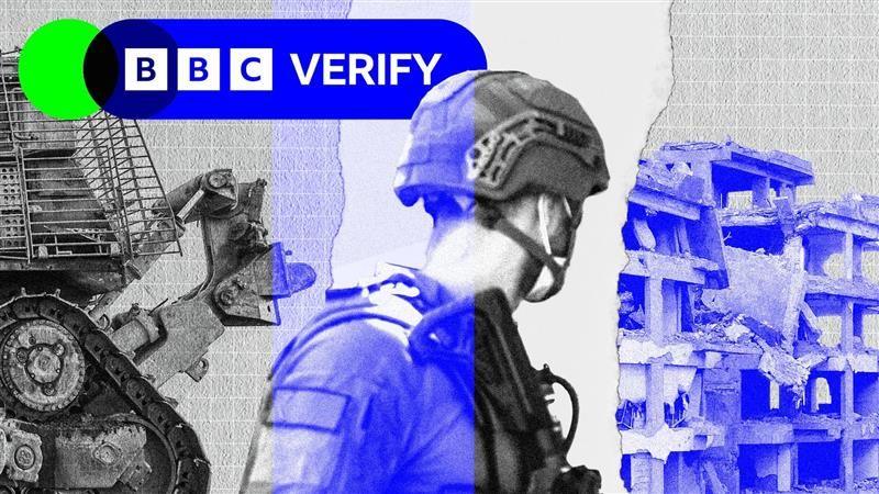 A promotional image for a BBC Verify story with branding. A soldier with his head turned away from the camera can be seen in the middle. On either side of him are images of destroyed buildings.