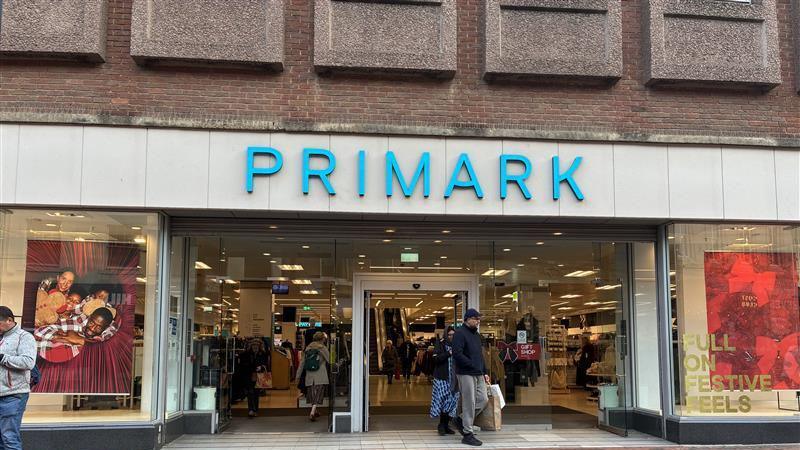 Primark store entrance with blue writing which spells the word Primark