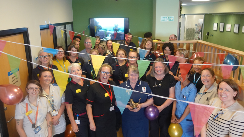 A large group of people, many of them in medical uniforms, stand under rows of bunting. Most of them are smiling at the camera and some are holding brightly-coloured balloons.