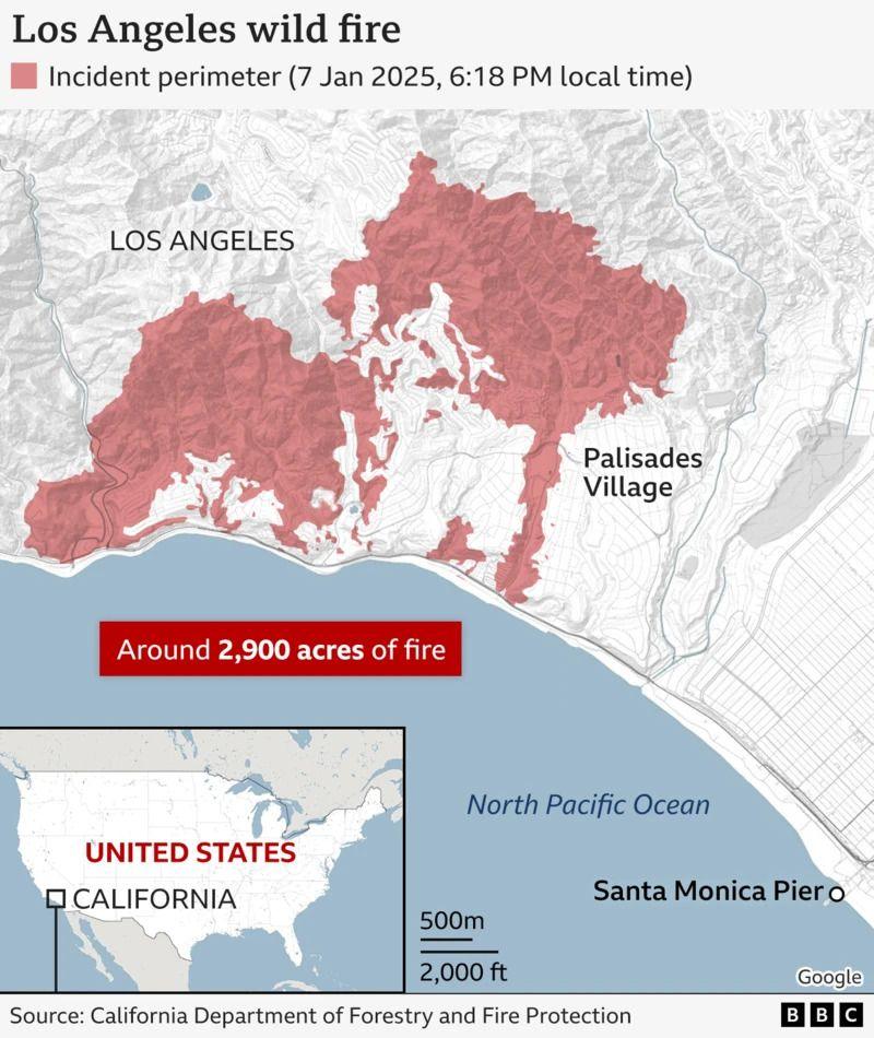 Map of Palisades fire in California as of 7 Jan