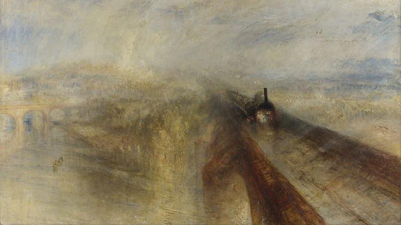 A blurry painting of a train going across a viaduct with a bridge barely visible in the background.