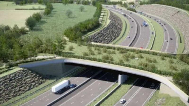 Computer image of a bridge covered in grass and bushes spanning the A417 missing link