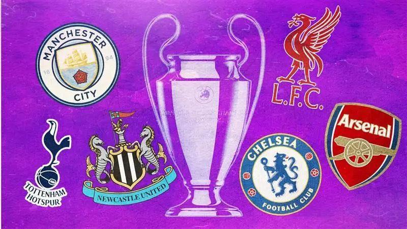 The six English champions league club badges along with the champions league trophy.