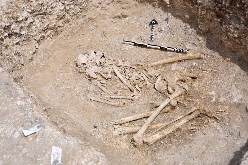 A skeleton in foetal position in a shallow grave in Dorset