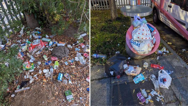 A composite image of two different locations. One is a wooded area with litter all over the floor, including bottles, crisp packets, plastic bags and a cardboard box. The other is of an overflowing street bin with broken and ripped bags of litter around it and the contents all over the pavement. 