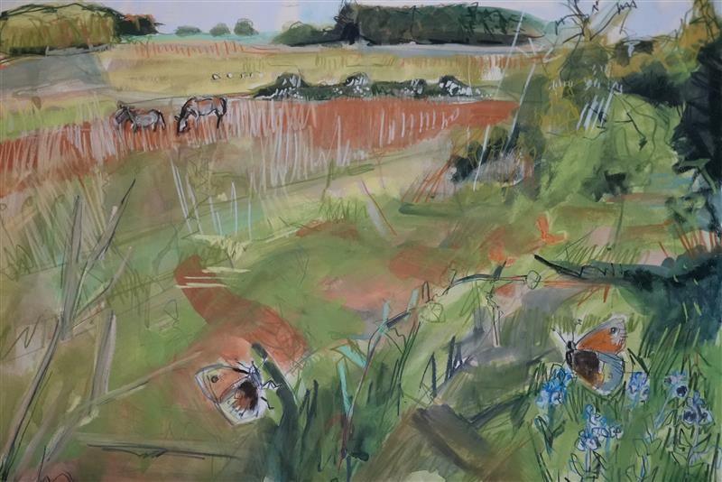 Early stages of a painting showing a heathland view with butterflies on blue flowers in the foreground and horses grazing on the grassland in the distance.