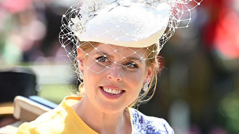 Princess Beatrice wearing a white hat with mesh