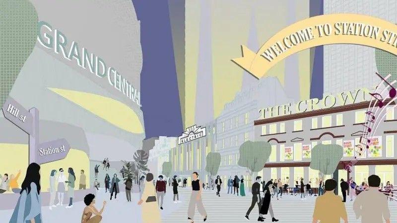 Early concept image from Glenbrook showing people walking on a street. A street sign has an arrow pointing one way that reads "Hill Street" and another pointing in the opposite direction reading "Station Street". There is a large white building that has a large sign that reads "The Electric", neighbouring it is a large pub-style building with lots of windows called The Crown