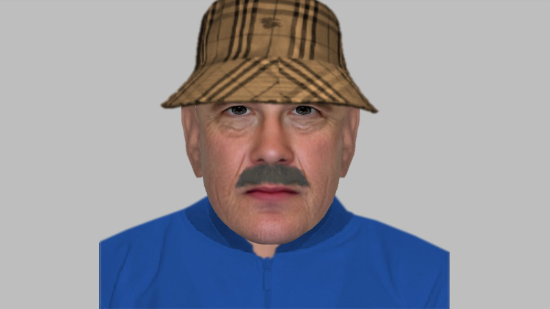 an e-fit image of a middle-aged man with a heavy grey moustache, wearing a beige tartan bucket hat and blue coat