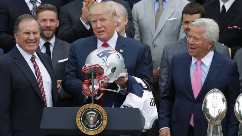 Bill Belichick with Donald Trump and Robert Kraft during the New England Patriots' visit to the White House in 2017