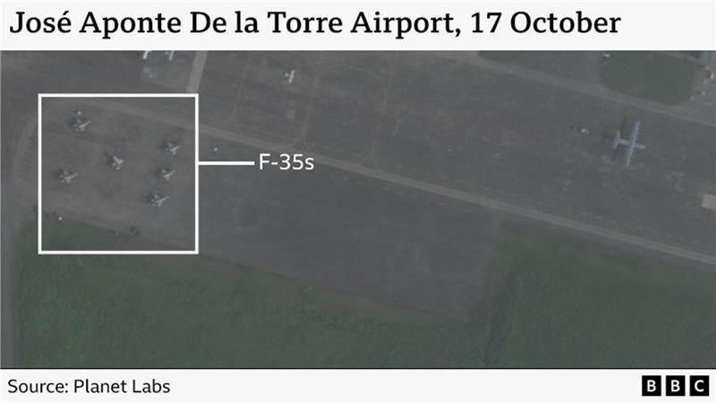 A satellite image of the runway at Jose Aponte De La Torre airport, Puerto Rico. A cluster of planes at the top left have been highlighted and labelled as US F-35 fighter jets.