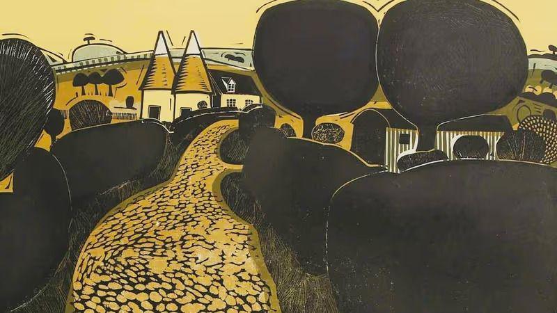 A painting by Graham Clarke. It shows a number of block-coloured trees next to houses and a path.