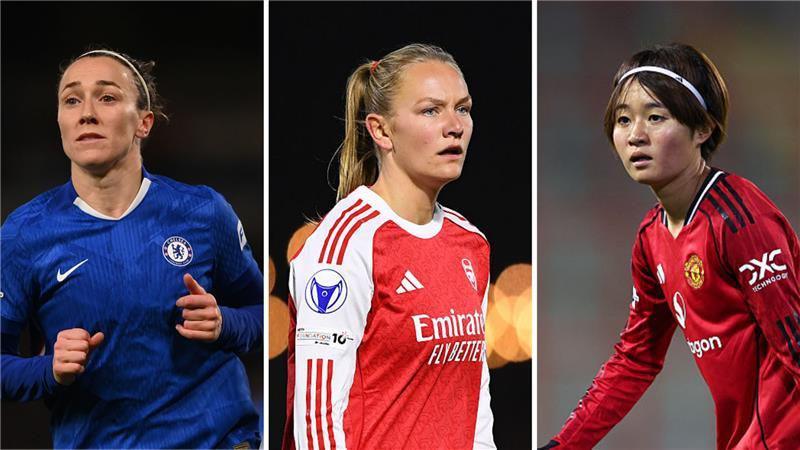 A three-way split picture of Chelsea's Lucy Bronze, Arsenal's Frida Maanum and Manchester United's Hinata Miyazawa