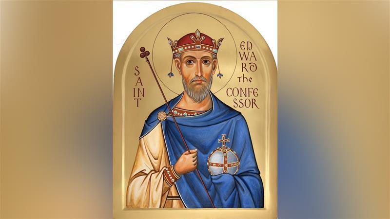 A digital image of an icon painting of St Edward. He has grey hair and facial hair and is wearing a red jewel-encrusted crown with gems dangling down. He wears a blue overgarment and a gold cape underneath, He is holding a red staff.