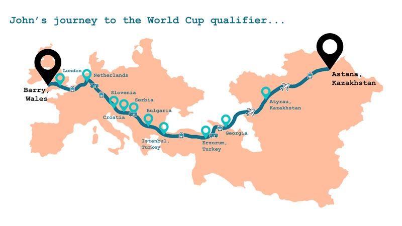 A map highlighting the different countries and places that John McAllister visited on his journey. It starts in Barry, Wales and ends in Astana, Kazakhstan/ The map is orange with a blue line representing his navigation route.