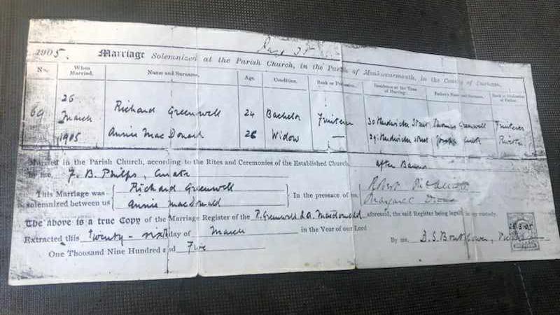 A marriage certificate dated 1905. It is difficult to make out the wording of the document but listed is the details of a man whose occupation reads 'fruiterer'.