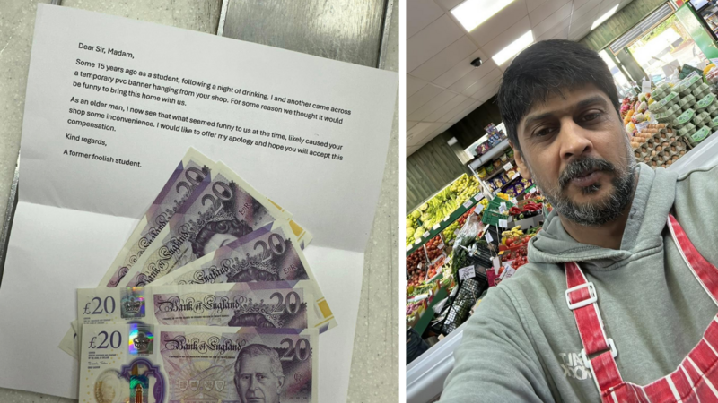 Shop owner gets £100 and apology 15 years after student stole sign