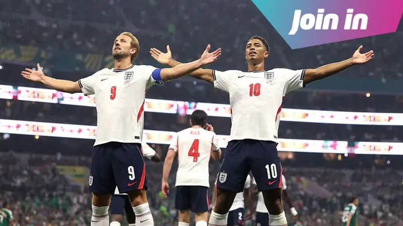 Harry Kane and Jude Bellingham celebrate for England against Mexico in the World Cup