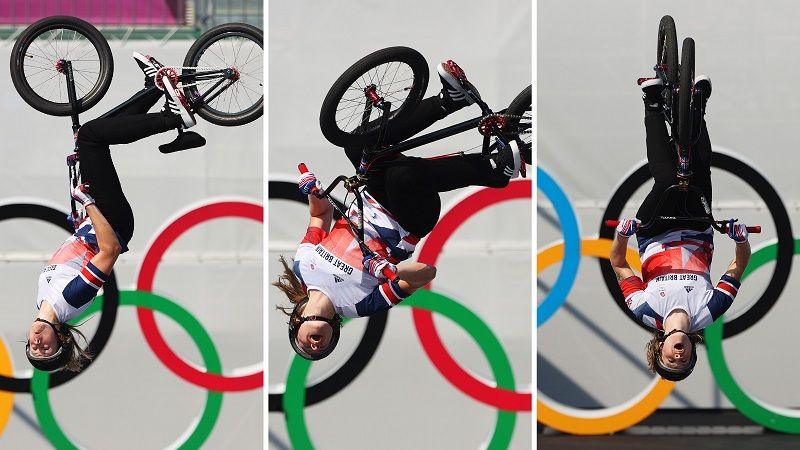 Series of three photos showing Charlotte Worthington with long brown hair wearing a black helmet and white, blue and red Team GB shirt rotating around 360 degrees on her bike in front of the Olympic rings 