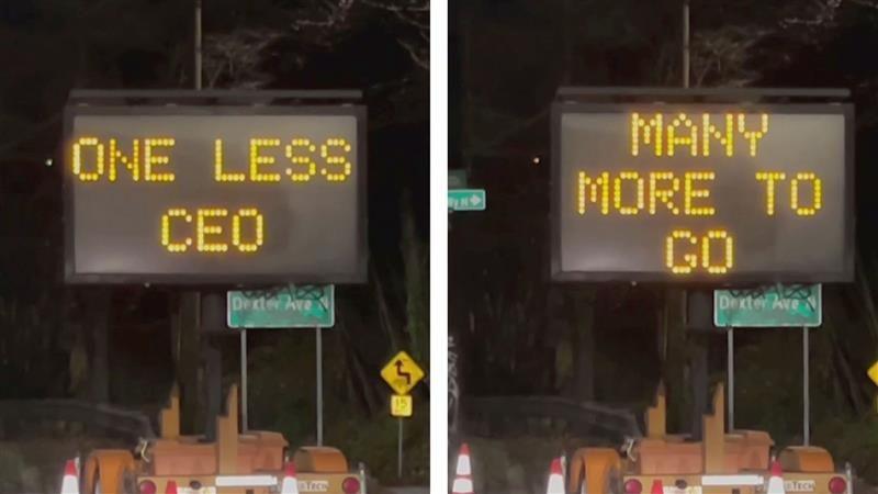 Highway signs read "one less CEO... many more to go"