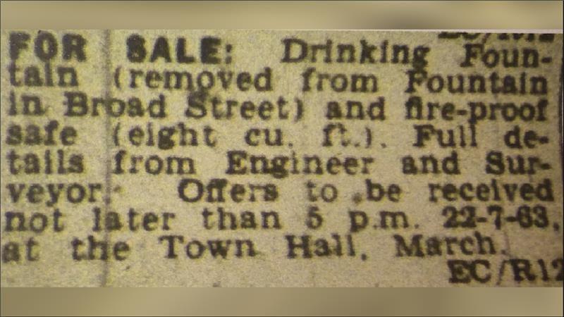 An advert from the 1963 edition of the Cambridgeshire Times (now the Cambs Times) detailing the sale of the drinking fountain.