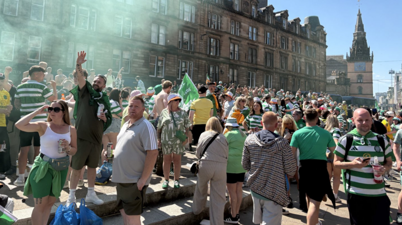 Jubilant Celtic fans celebrate after  Hearts' title dreams are dashed