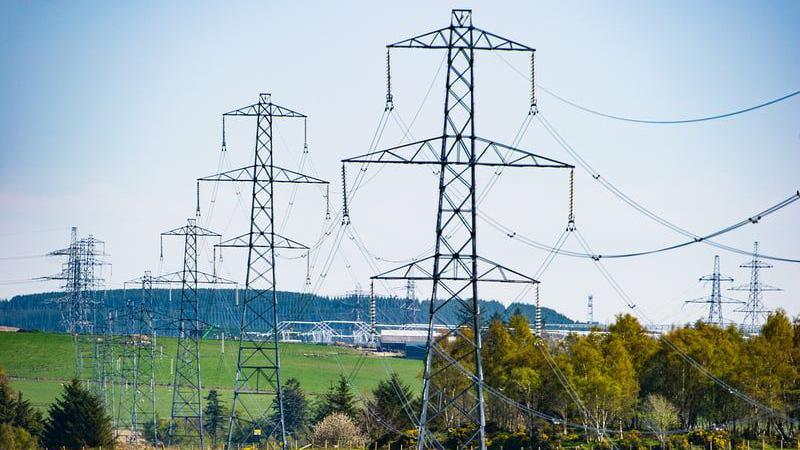 Rows of electricity towers in the outdoors, going across greenspace with trees and forestry