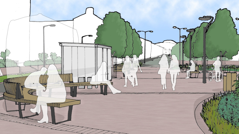An architect's drawing showing the new design of the area. There is a clear bus shelter next to a curved wooden bench and a palisade of trees extend in to the distance. There are white outlines of people sitting on the bench and walking down the paved area.