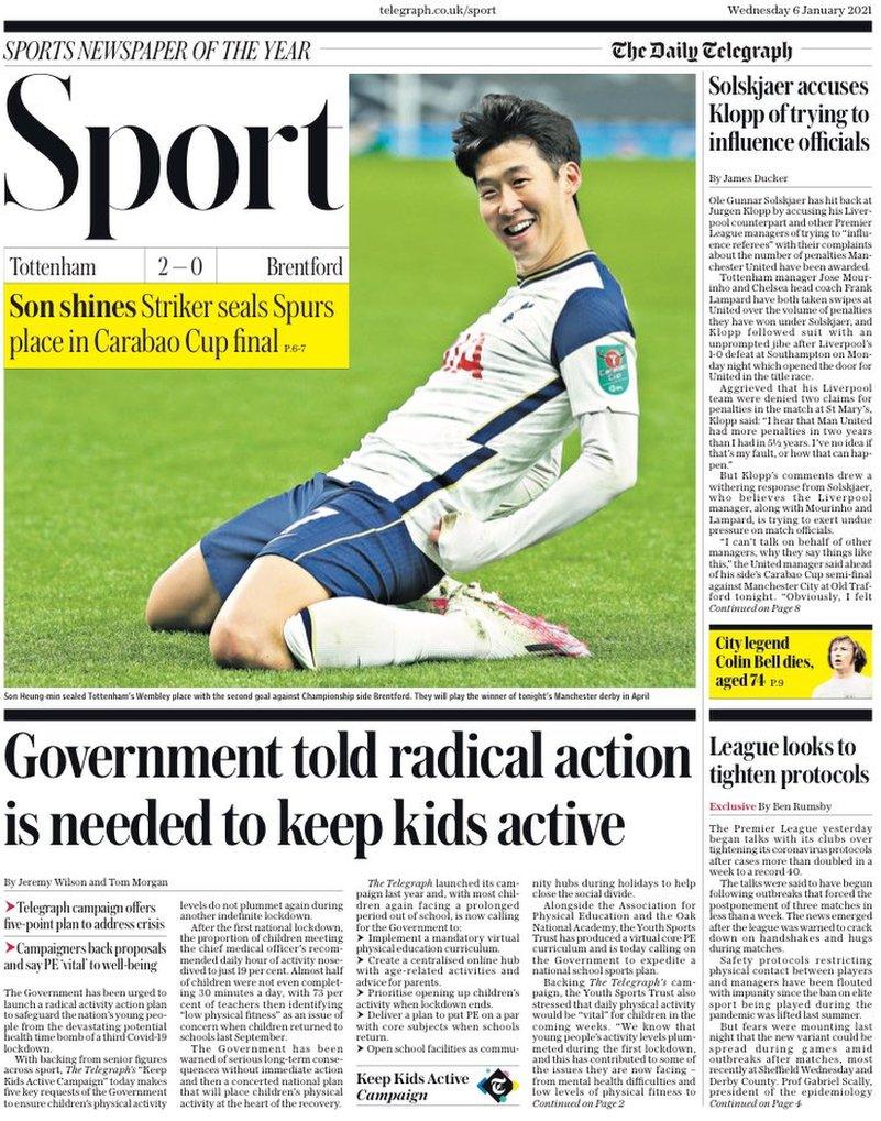The front page of the Daily Telegraph sports section