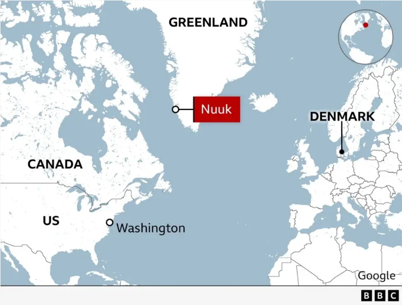 A map showing the size of Greenland and its location on the map - the US, Canada, Greenland, Denmark are all marked, with Nuuk and Washington also marked on the map