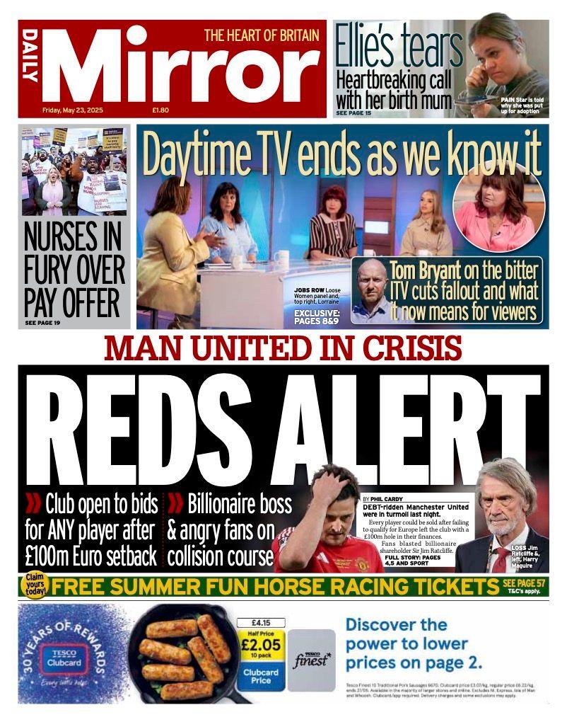 The headline on the front page of the Daily Mirror reads: "Reds alert".