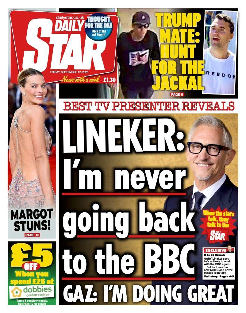 The headline on the front page of the Star reads: "Lineker: I'm never going back to the BBC".