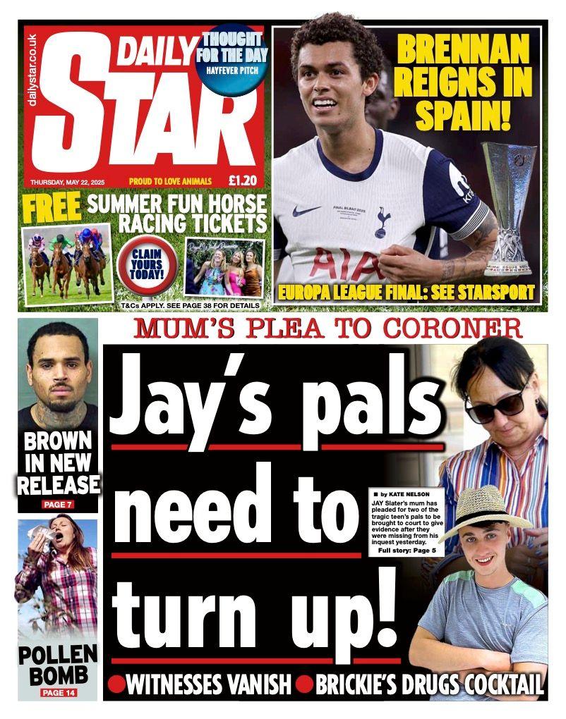 The headline on the front page of the Daily Star reads: "Jay's pals need to turn up!".