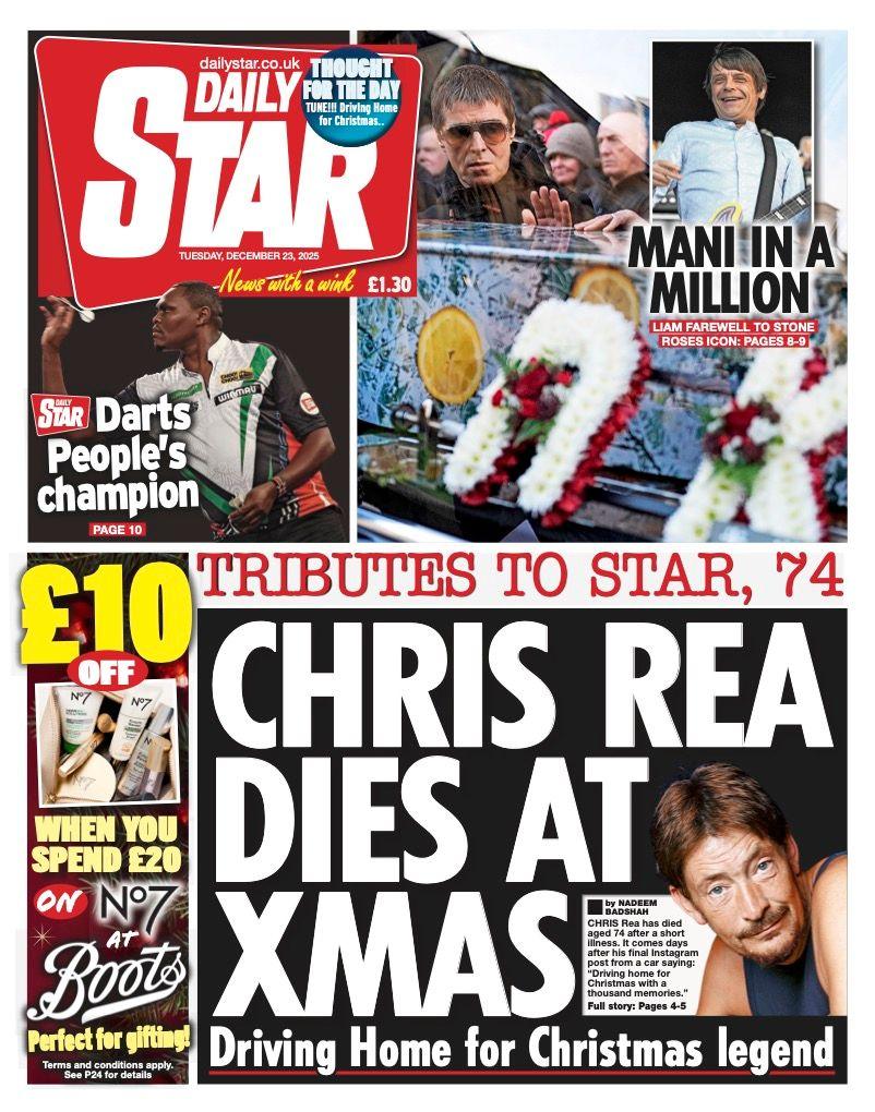 Titulli në faqen e parë të Daily Star thotë: "Chris Rea vdes për Krishtlindje".