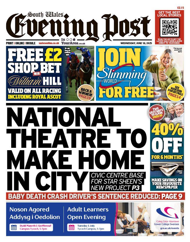 Front page of South Wales Evening Post with headline National theatre to make home in city