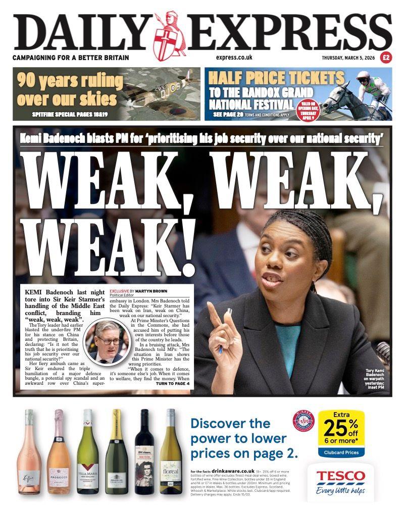 Titulli në faqen e parë të Daily Express thotë: “I dobët, i dobët, i dobët!”.