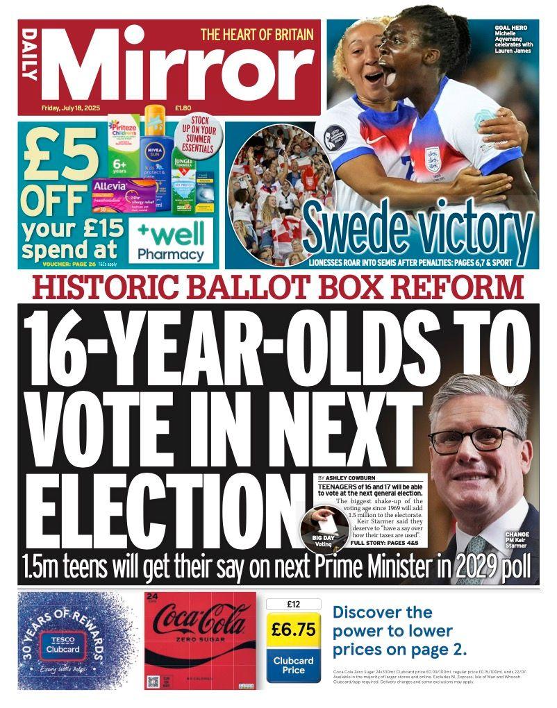 The Daily Mirror headline reads: "16-year-old to vote in next election"