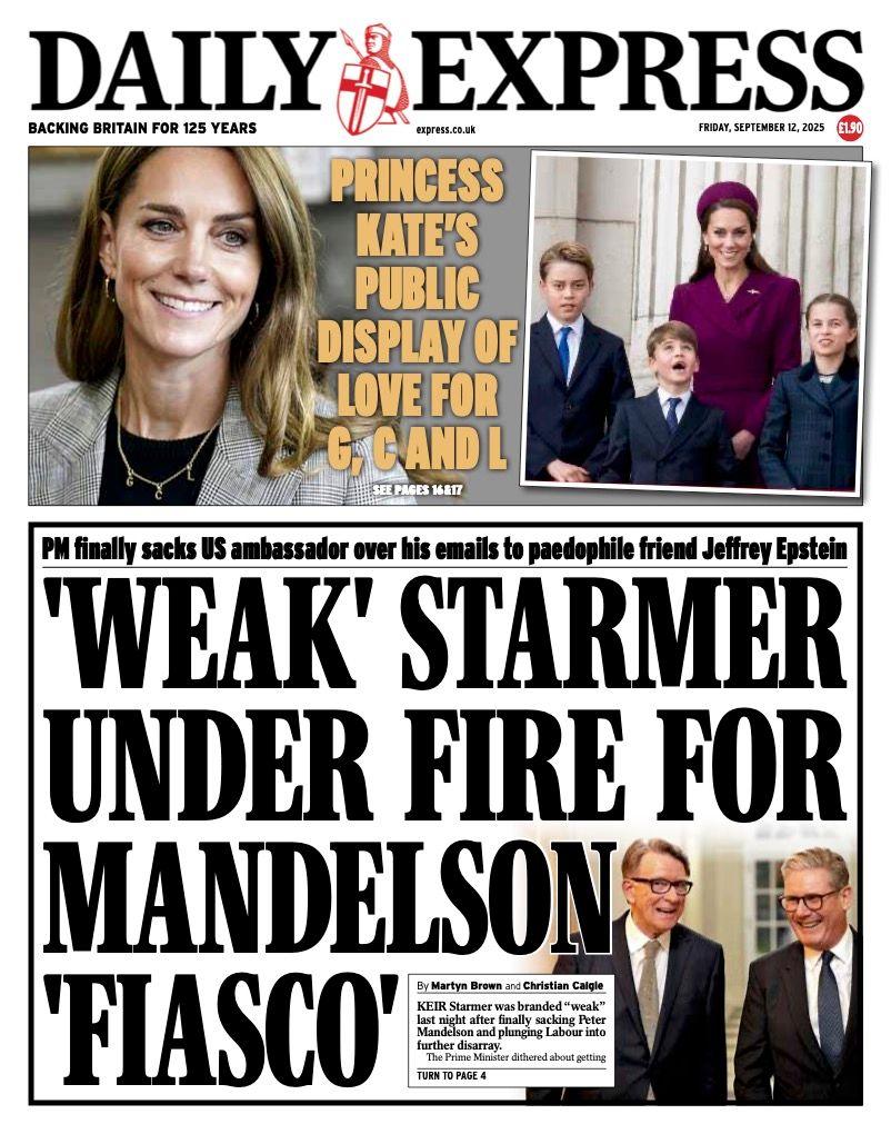 The headline on the front page of the Express reads: "'Weak' Starmer under fire for Mandelson 'fiasco'".